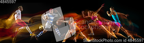 Image of Creative collage of sportsmen in mixed and neon light on black background, flyer, motion and action