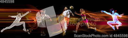 Image of Creative collage of sportsmen in mixed and neon light on black background, flyer, motion and action
