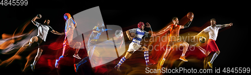 Image of Creative collage of sportsmen in mixed and neon light on black background, flyer, motion and action