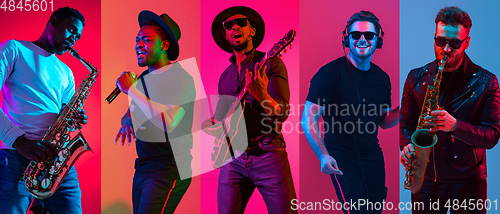 Image of Collage of portraits of young musicians on multicolored background in neon