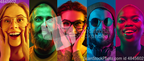 Image of Collage of portraits of young people on multicolored background in neon