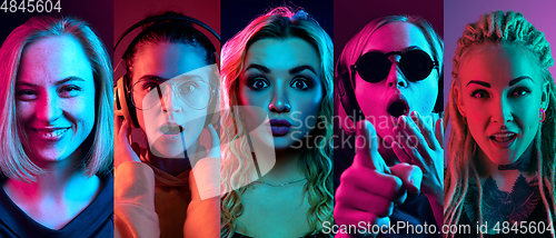 Image of Collage of portraits of young people on multicolored background in neon