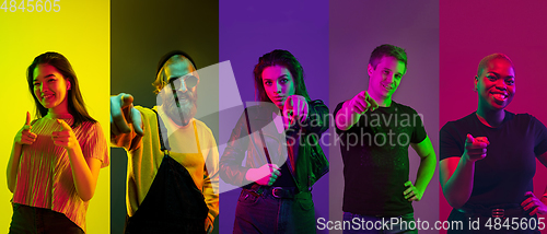 Image of Collage of portraits of young people on multicolored background in neon