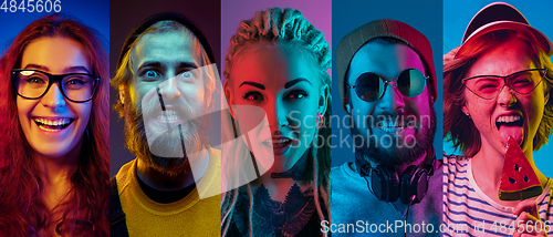 Image of Collage of portraits of young people on multicolored background in neon