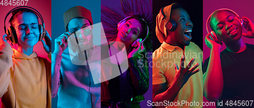 Image of Collage of portraits of young people on multicolored background in neon