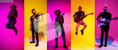 Image of Collage of portraits of young musicians on multicolored background in neon