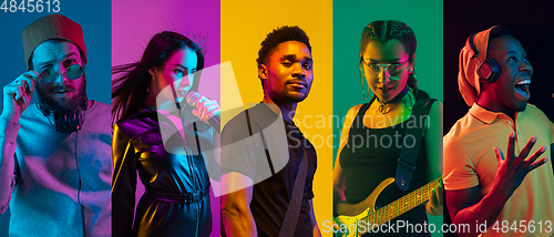 Image of Collage of portraits of young musicians on multicolored background in neon