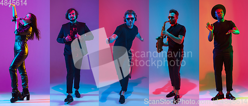 Image of Collage of portraits of young musicians on multicolored background in neon