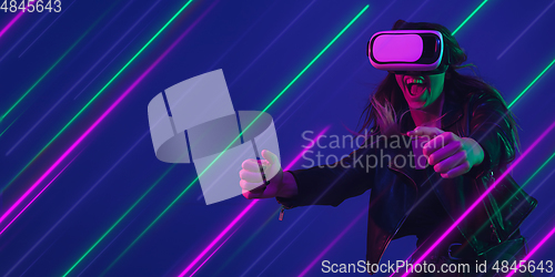Image of Creative emotions and neon lines on blue background, flyer, proposal