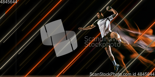 Image of Creative sport and neon lines on dark background, flyer, proposal