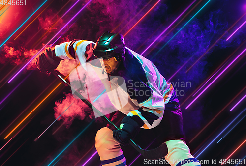 Image of Creative sport and neon lines on dark background, flyer, proposal