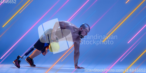 Image of Creative sport and neon lines on blue background, flyer, proposal