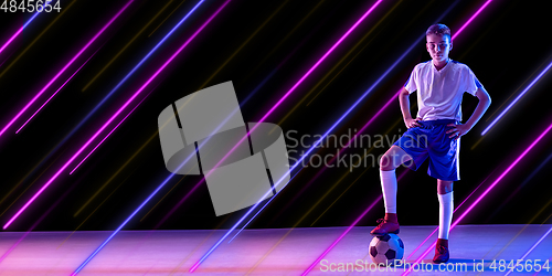 Image of Creative sport and neon lines on dark background, flyer, proposal