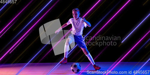 Image of Creative sport and neon lines on dark background, flyer, proposal