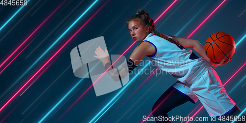 Image of Creative sport and neon lines on dark background, flyer, proposal
