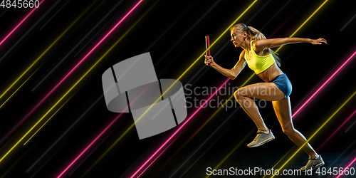 Image of Creative sport and neon lines on dark background, flyer, proposal