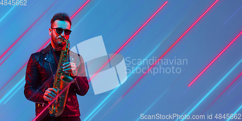 Image of Creative emotions and neon lines on blue background, flyer, proposal
