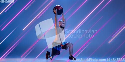 Image of Creative sport and neon lines on blue background, flyer, proposal