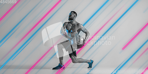 Image of Creative sport and neon lines on grey background, flyer, proposal