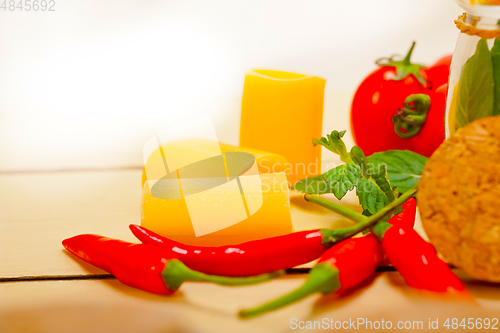 Image of Italian pasta paccheri with tomato mint and chili pepper