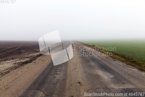 Image of asphalted road, autumn and fog