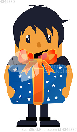 Image of Man holding big present, illustration, vector on white backgroun