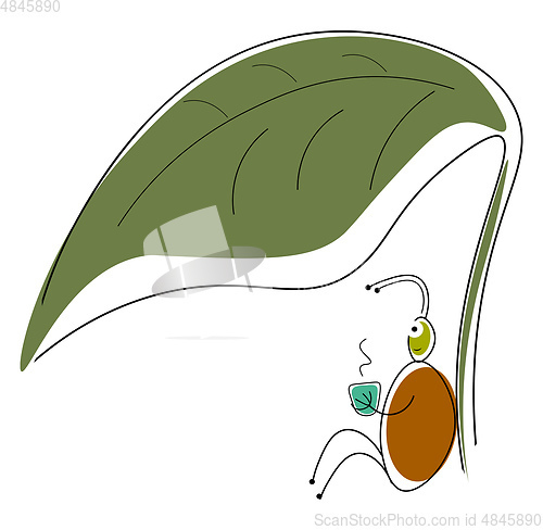 Image of Painting of a bug relaxing under a green leaf vector or color il