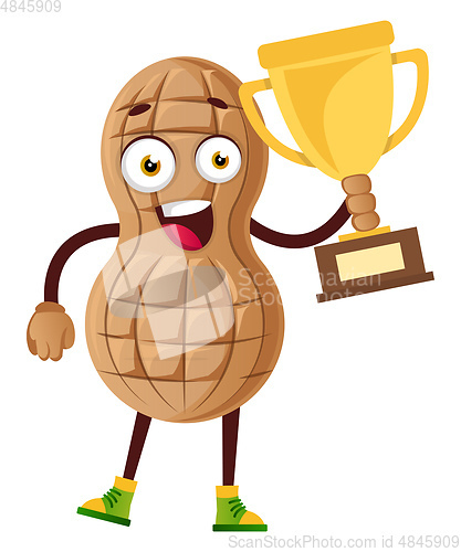 Image of Peanut holding trophy, illustration, vector on white background.