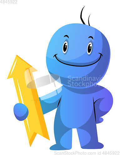 Image of Blue cartoon caracter with yellow direction sign illustration ve