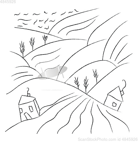 Image of Line art of an quite village vector or color illustration