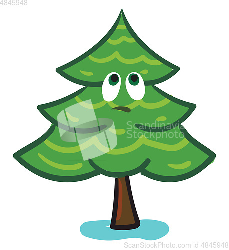 Image of Emoji of a sad green-colored spruce tree/Sad Xmas tree vector or