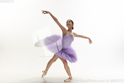 Image of Young graceful tender ballerina on white studio background