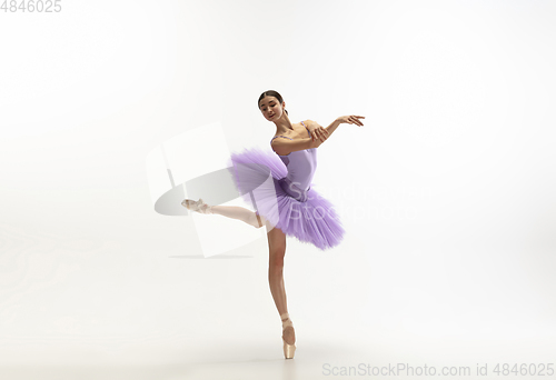 Image of Young graceful tender ballerina on white studio background