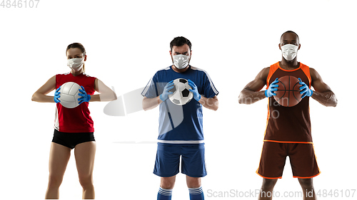 Image of Sportsmen in protective masks, coronavirus treatment illustration concept