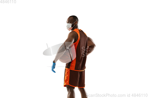 Image of Sportsman in protective mask, coronavirus treatment illustration concept