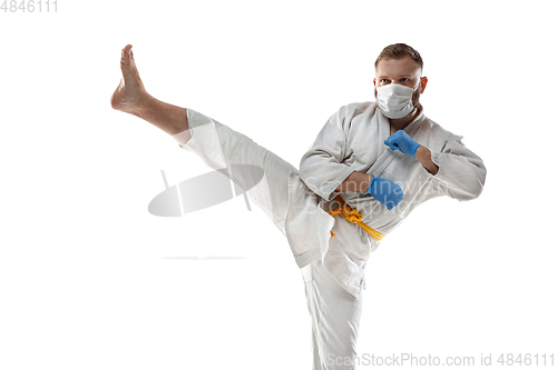 Image of Sportsman in protective mask, coronavirus treatment illustration concept