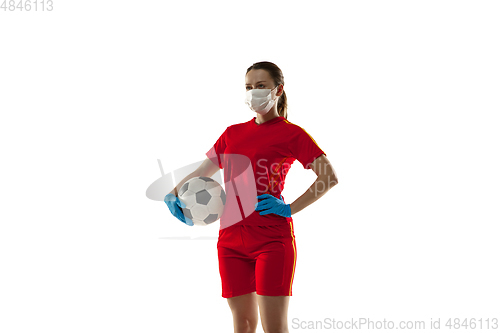 Image of Sportswoman in protective mask, coronavirus treatment illustration concept