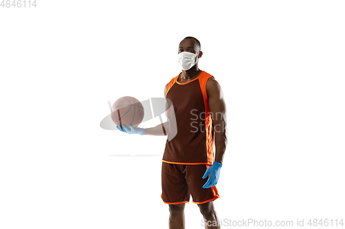 Image of Sportsman in protective mask, coronavirus treatment illustration concept