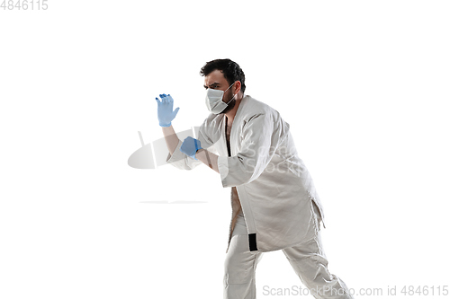 Image of Sportsman in protective mask, coronavirus treatment illustration concept