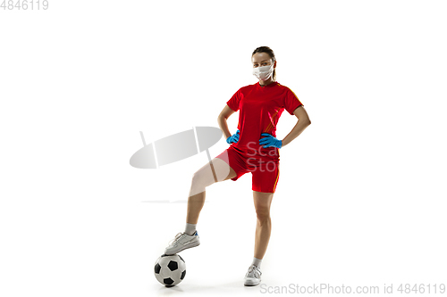 Image of Sportswoman in protective mask, coronavirus treatment illustration concept