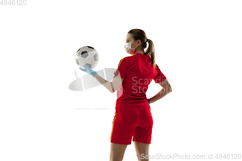 Image of Sportswoman in protective mask, coronavirus treatment illustration concept