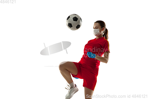 Image of Sportswoman in protective mask, coronavirus treatment illustration concept