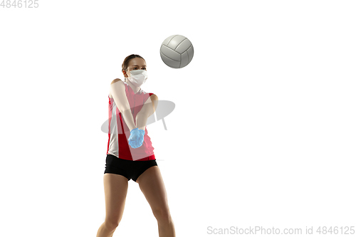 Image of Sportswoman in protective mask, coronavirus treatment illustration concept