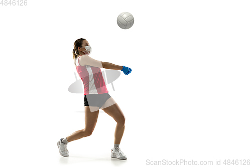 Image of Sportswoman in protective mask, coronavirus treatment illustration concept