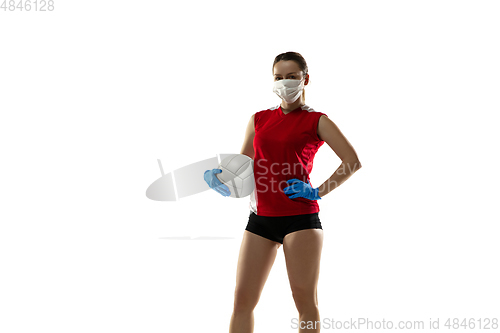 Image of Sportswoman in protective mask, coronavirus treatment illustration concept