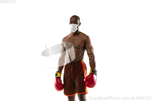 Image of Sportsman in protective mask, coronavirus treatment illustration concept