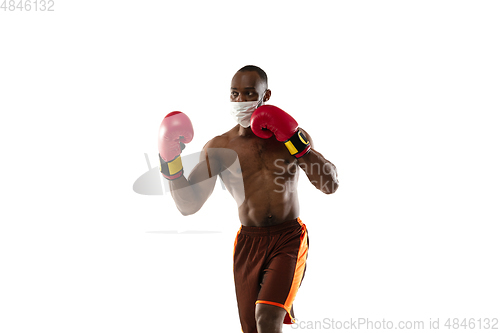 Image of Sportsman in protective mask, coronavirus treatment illustration concept