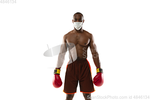 Image of Sportsman in protective mask, coronavirus treatment illustration concept