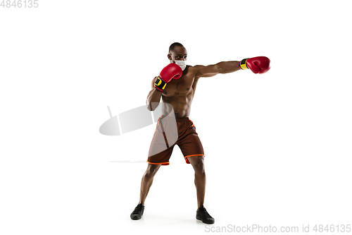 Image of Sportsman in protective mask, coronavirus treatment illustration concept