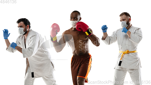 Image of Sportsmen in protective masks, coronavirus treatment illustration concept